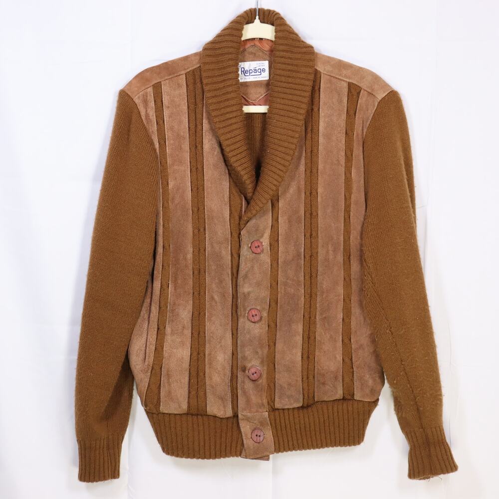 Vintage Repage Suede & Knit Cardigan Brown Leather Panel 70s Boho Mens M